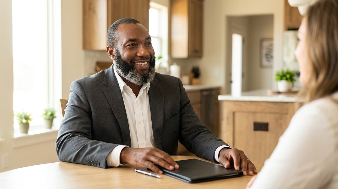 DeJuan Tartt explaining paperwork to a client at a kitchen table