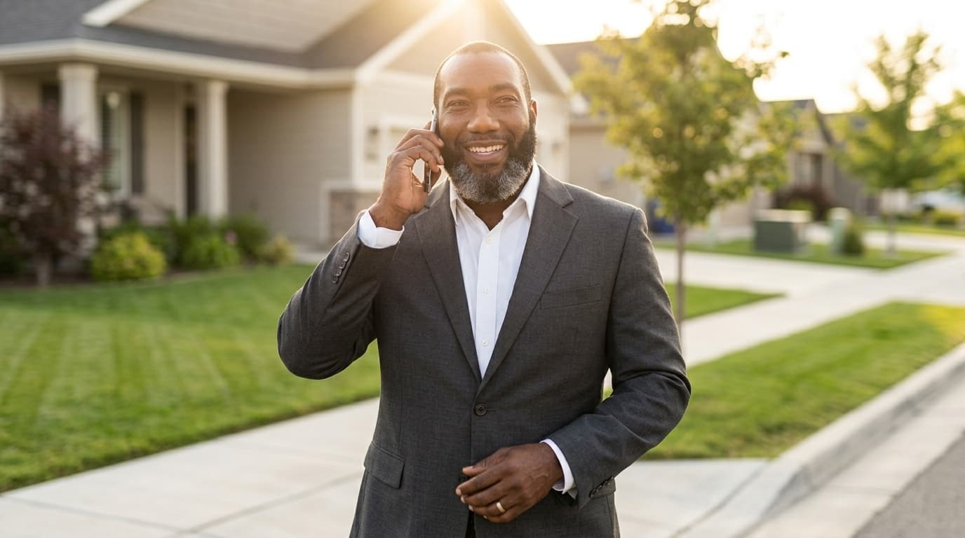 DeJuan Tartt taking a client call outside a home