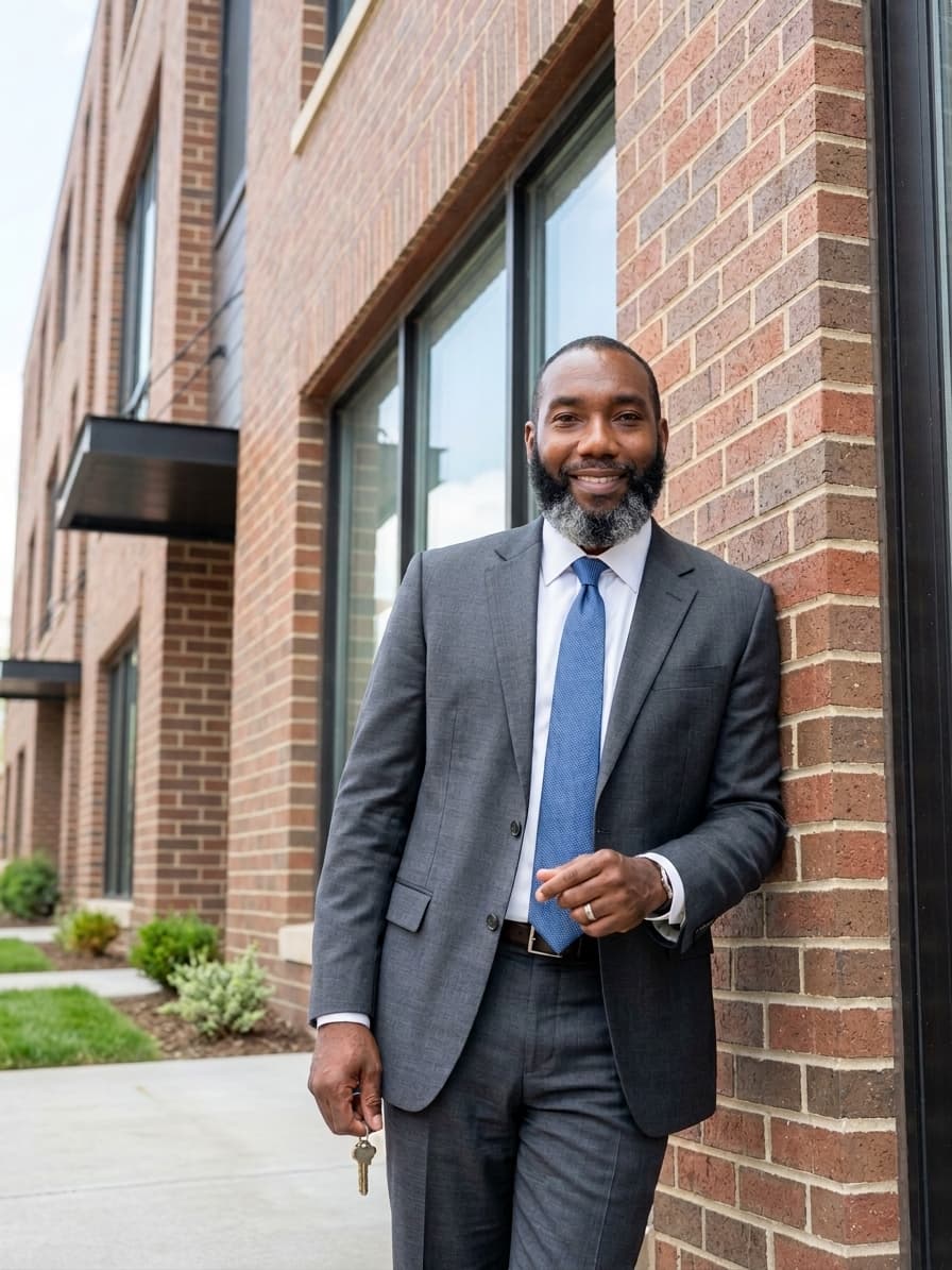 DeJuan Tartt, REALTOR with Lime Realty, holding keys outside a building